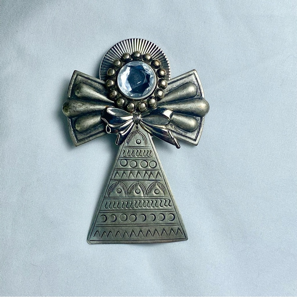 Vintage Silver Angel Brooch Pin Geometric Design Celestial Religious